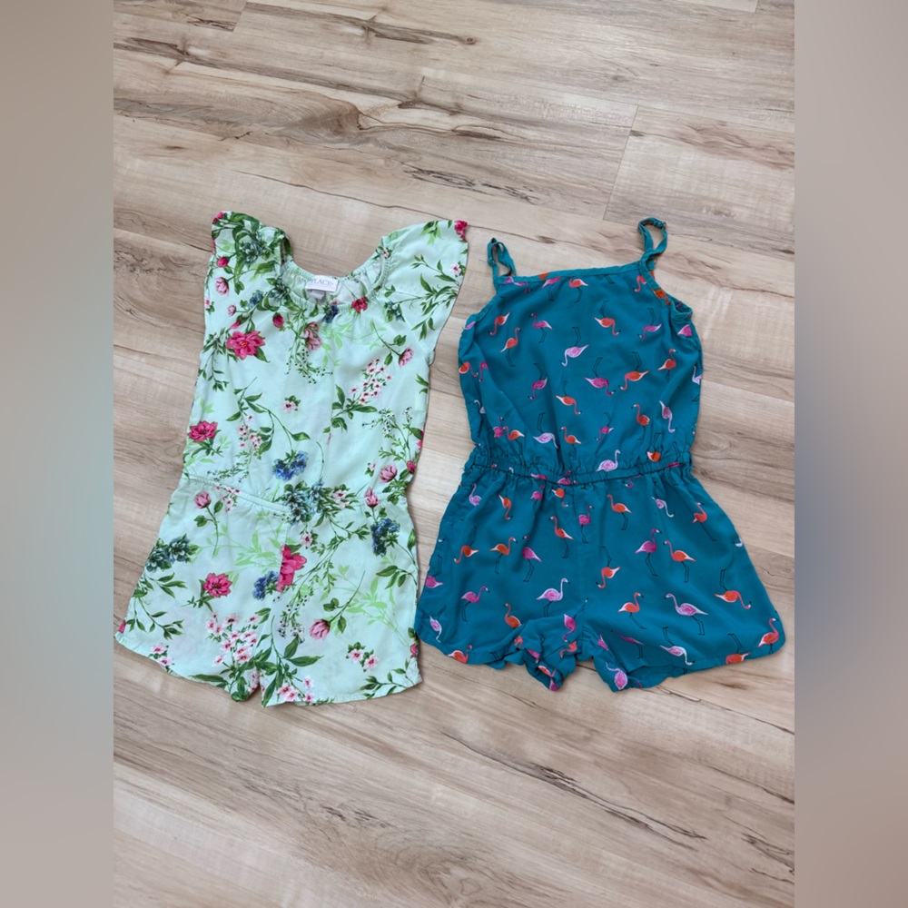 The Children’s place Mint Green Floral Romper and a blue flamingo Romper bundle